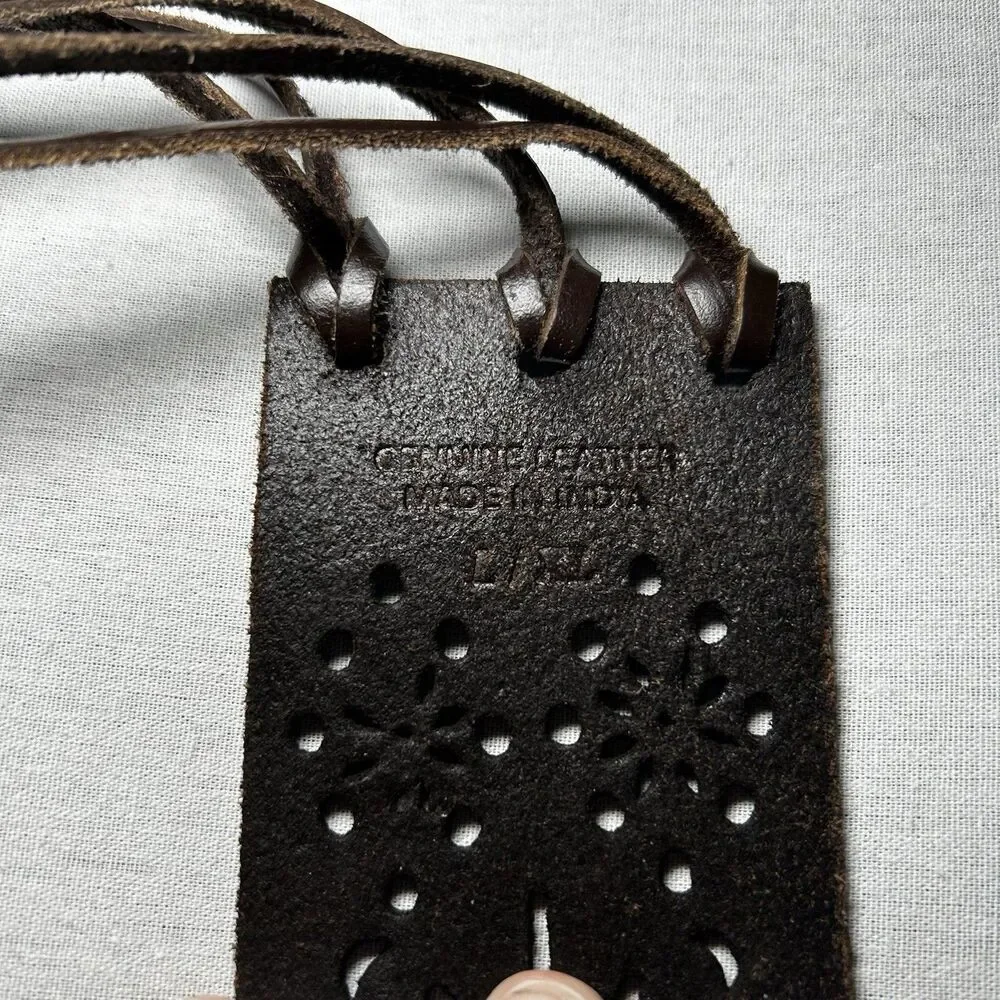 New York & Company dark brown bohemian laser-cut belt long fringe ties. L/XL